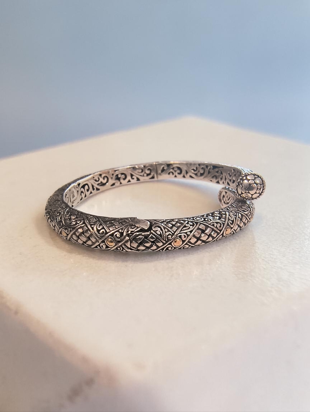 Sarda Bali Estate Sterling Silver & 18K Gold Ornate Hinged Bypass Bracelet